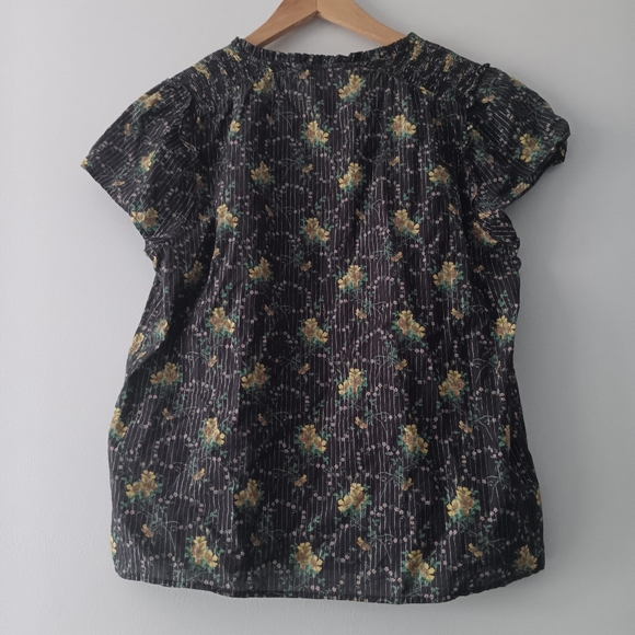Paige Laramie Navy Floral Cotton Blouse with Tassel Tie Boho Short Sleeve M - Picture 3 of 7